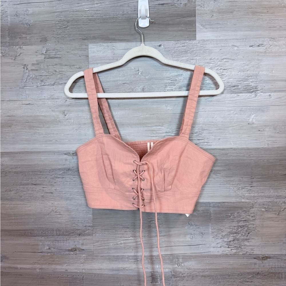 NWT Anthropologie Mauve Pink Lace-Up Linen Blend Crop Top - Size 10